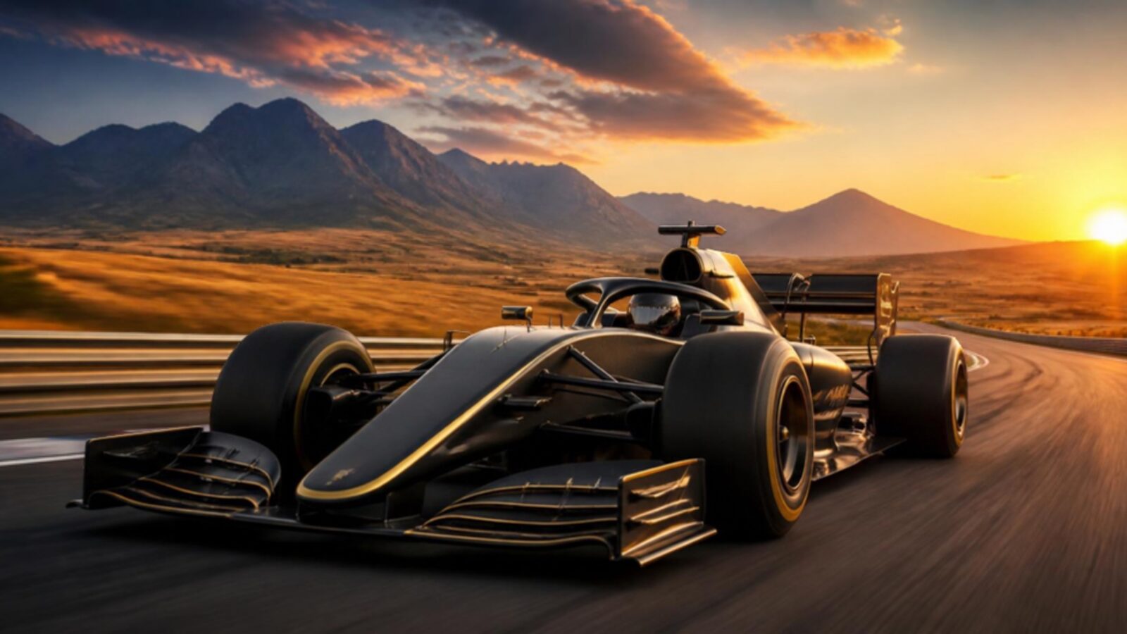 Illustration of a single-seater racing car on a track in the Western Cape at sunset