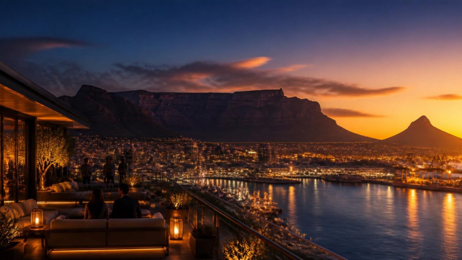 Cape Town at dusk with Table Mountain and the harbour lights